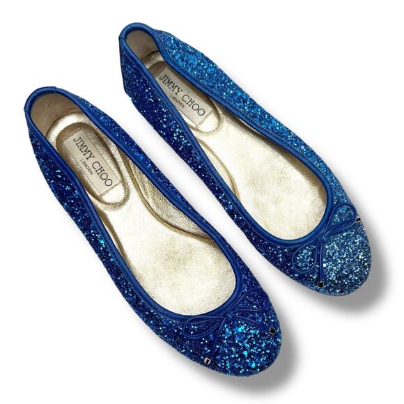 Jimmy Choo Blue Glitter Ballerina Flats Decorative Bow Women’s Size 37.5 - Picture 3 of 7